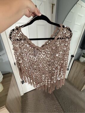 Womens Crochet Sequin Fringe Sweater Poncho - Taupe
